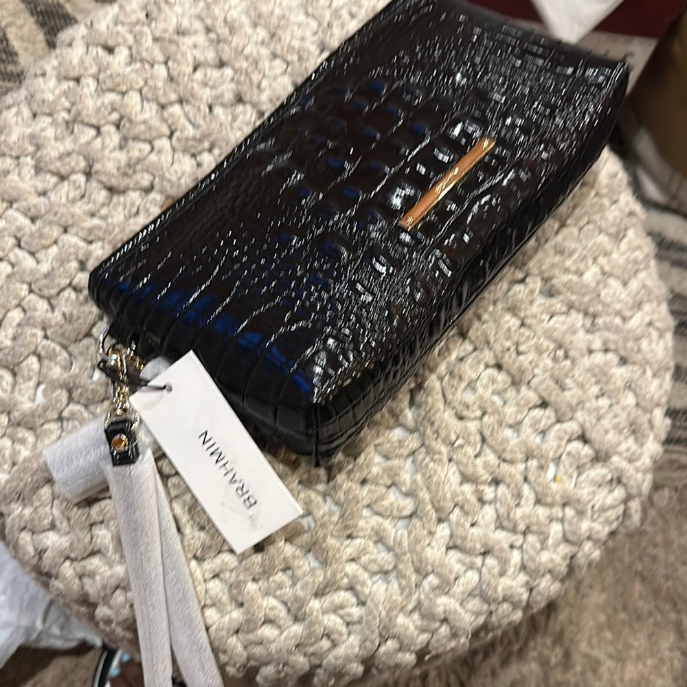 Brahmin Black Textured Clutch with Gold Accents